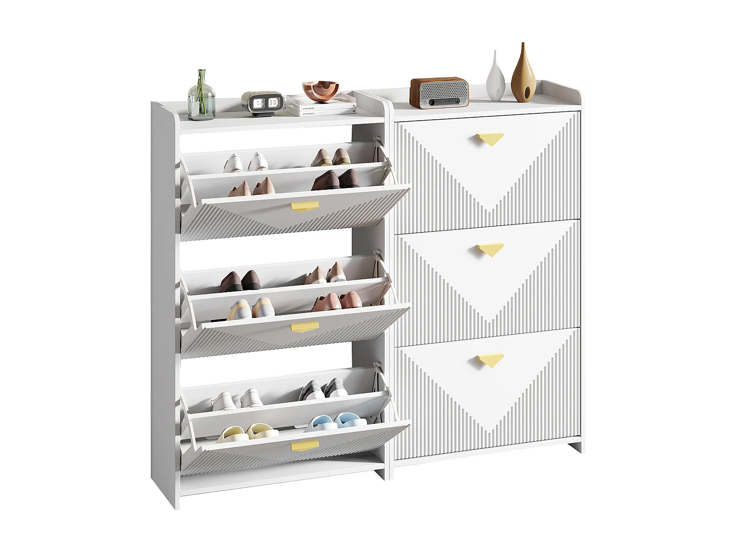 Lot de 2 meuble à chaussures blanc avec 3 portes abattantes et 6 compartiments