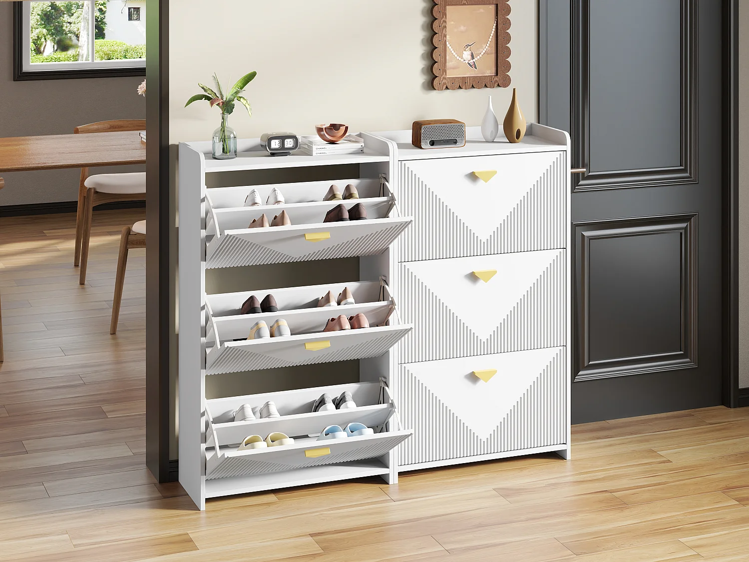 Lot de 2 meuble à chaussures blanc avec 3 portes abattantes et 6 compartiments