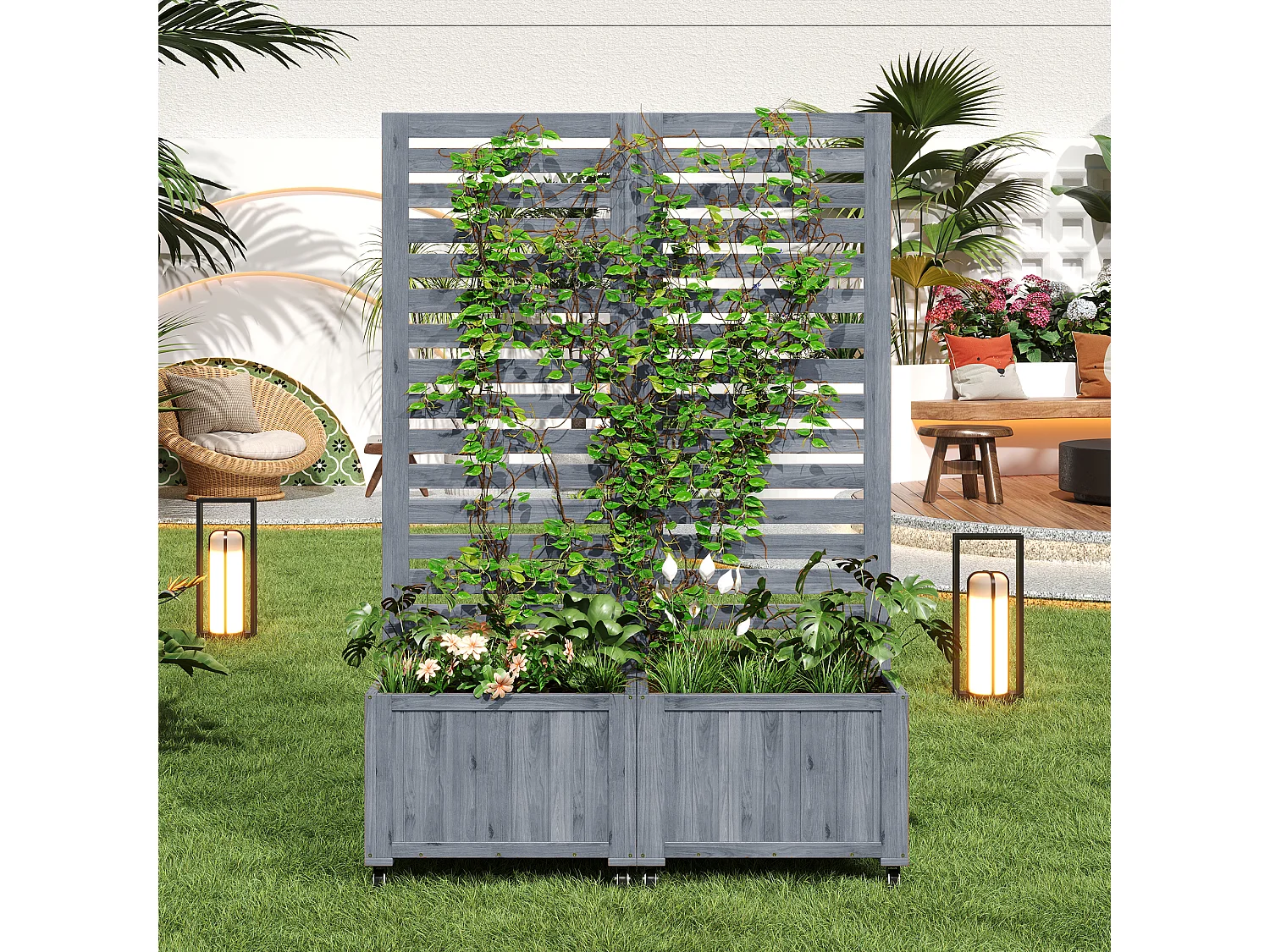 Vrijstaande plantenbak met klimrek - Met opvouwbaar ontwerp en wielen - Grijs hout