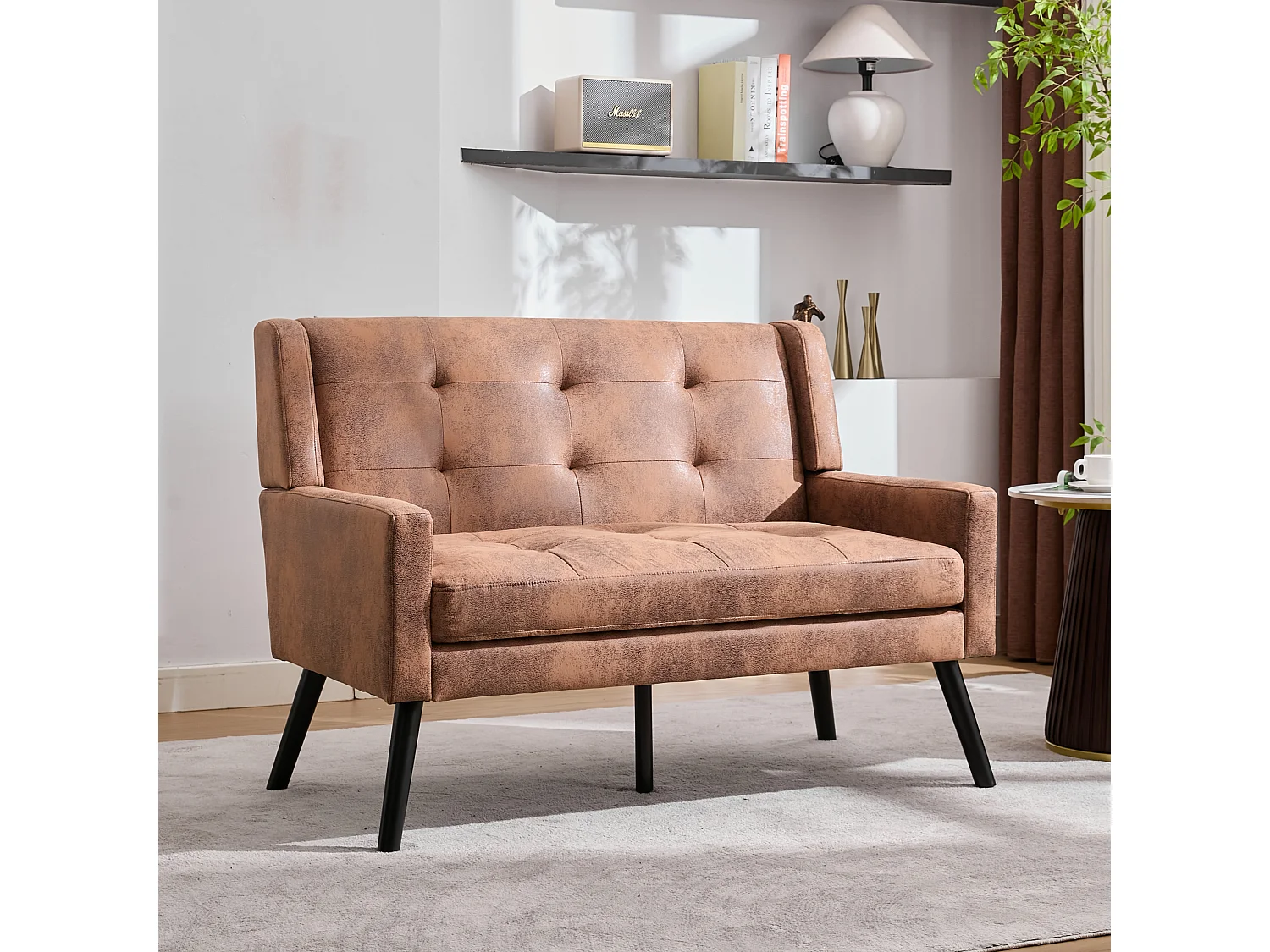 Sofá de dois lugares em tecido camurça com pés em madeira antiderrapantes - Cor café
