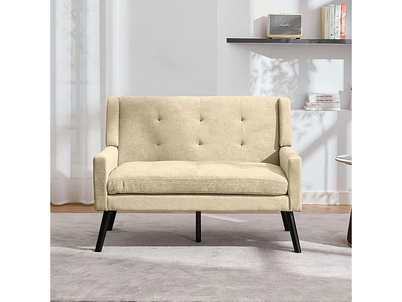 Canapé 2 places en lin beige - Pieds en bois antidérapants - Pour salon, chambre et bureau