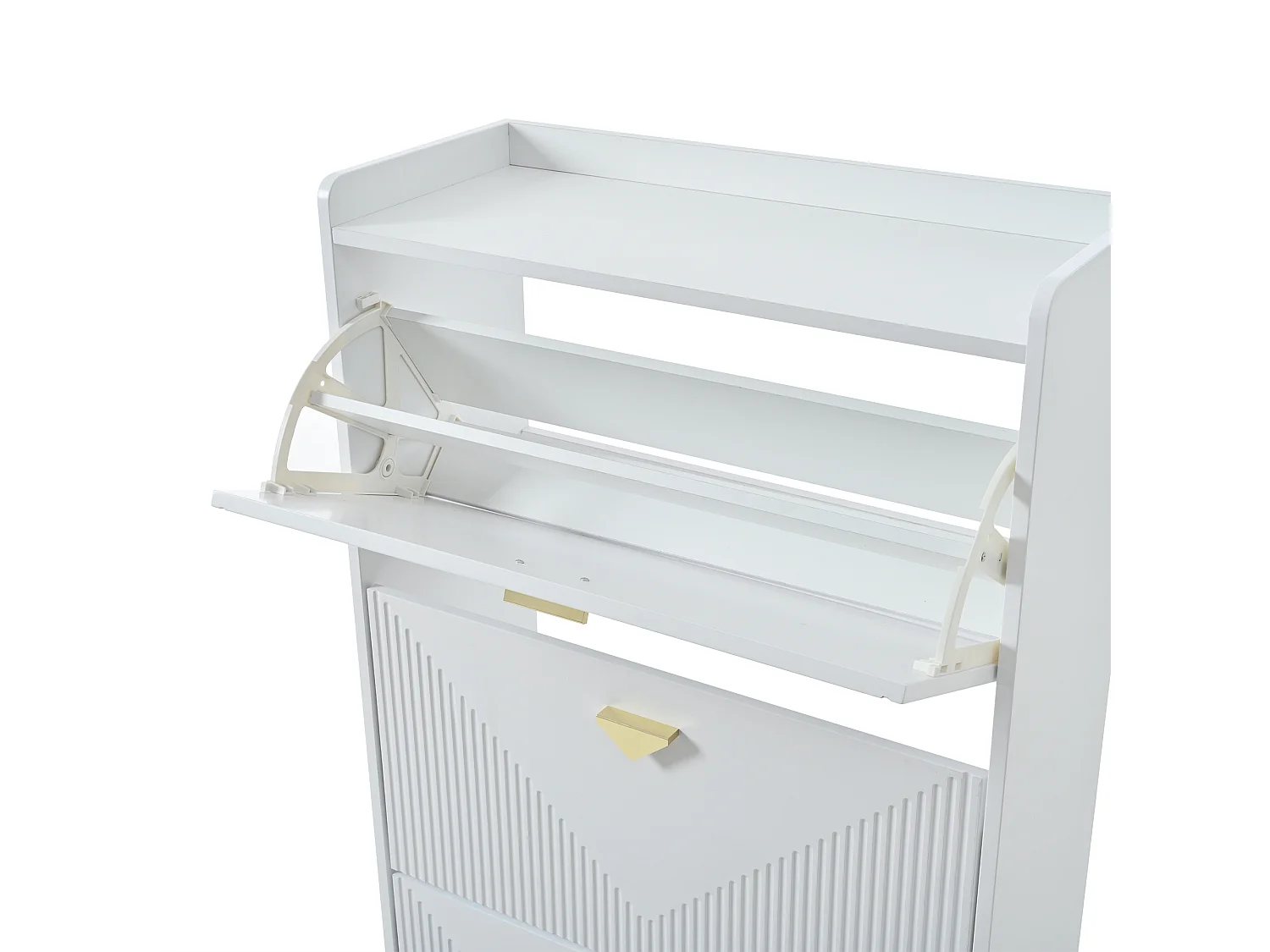 Zapatero blanco con 3 puertas abatibles y 6 compartimentos