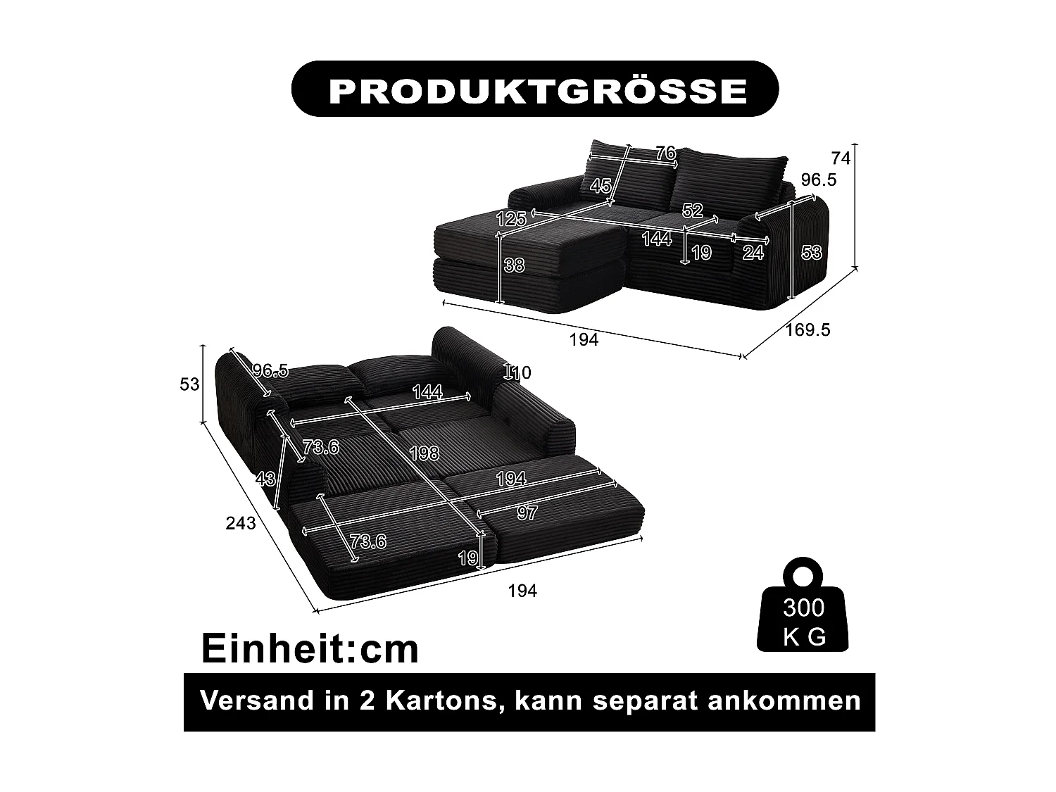 Canapé convertible 2 places en velours côtelé avec poufs - Accoudoirs incurvés - Noir