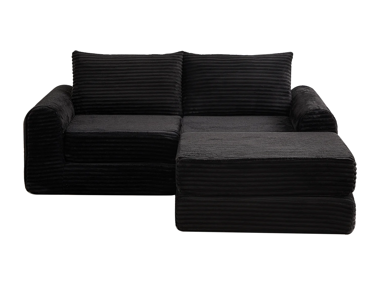 Canapé convertible 2 places en velours côtelé avec poufs - Accoudoirs incurvés - Noir