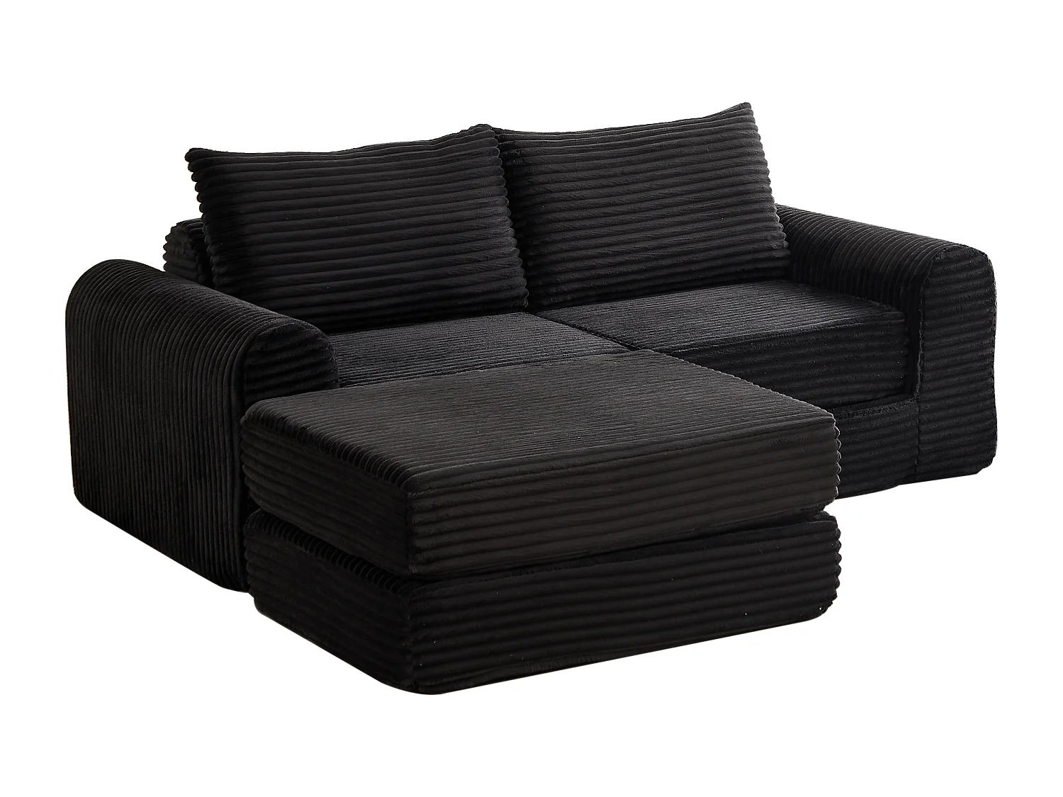 Canapé convertible 2 places en velours côtelé avec poufs - Accoudoirs incurvés - Noir