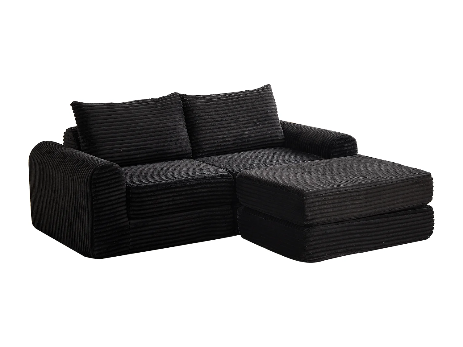 Canapé convertible 2 places en velours côtelé avec poufs - Accoudoirs incurvés - Noir