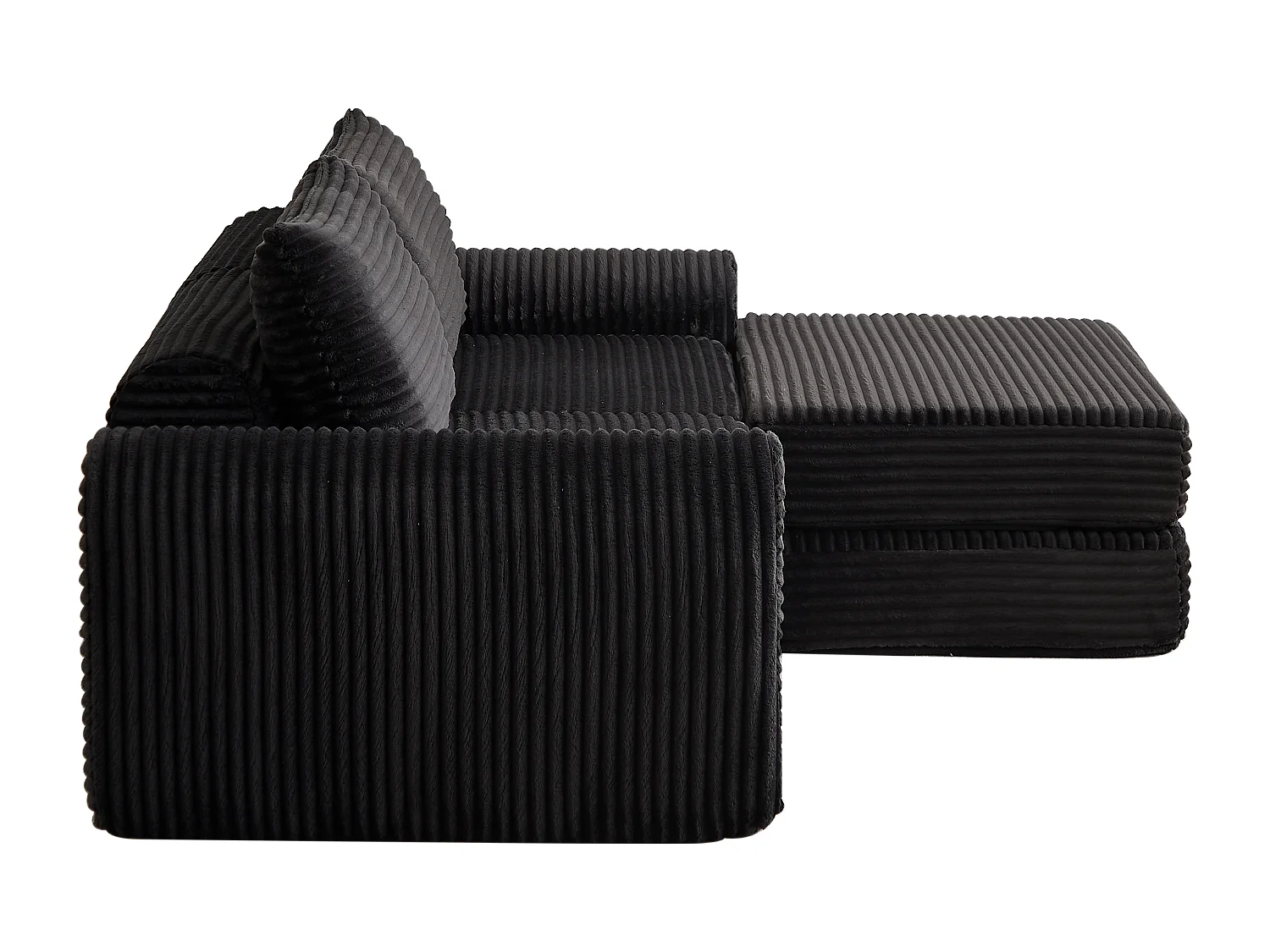 Canapé convertible 2 places en velours côtelé avec poufs - Accoudoirs incurvés - Noir