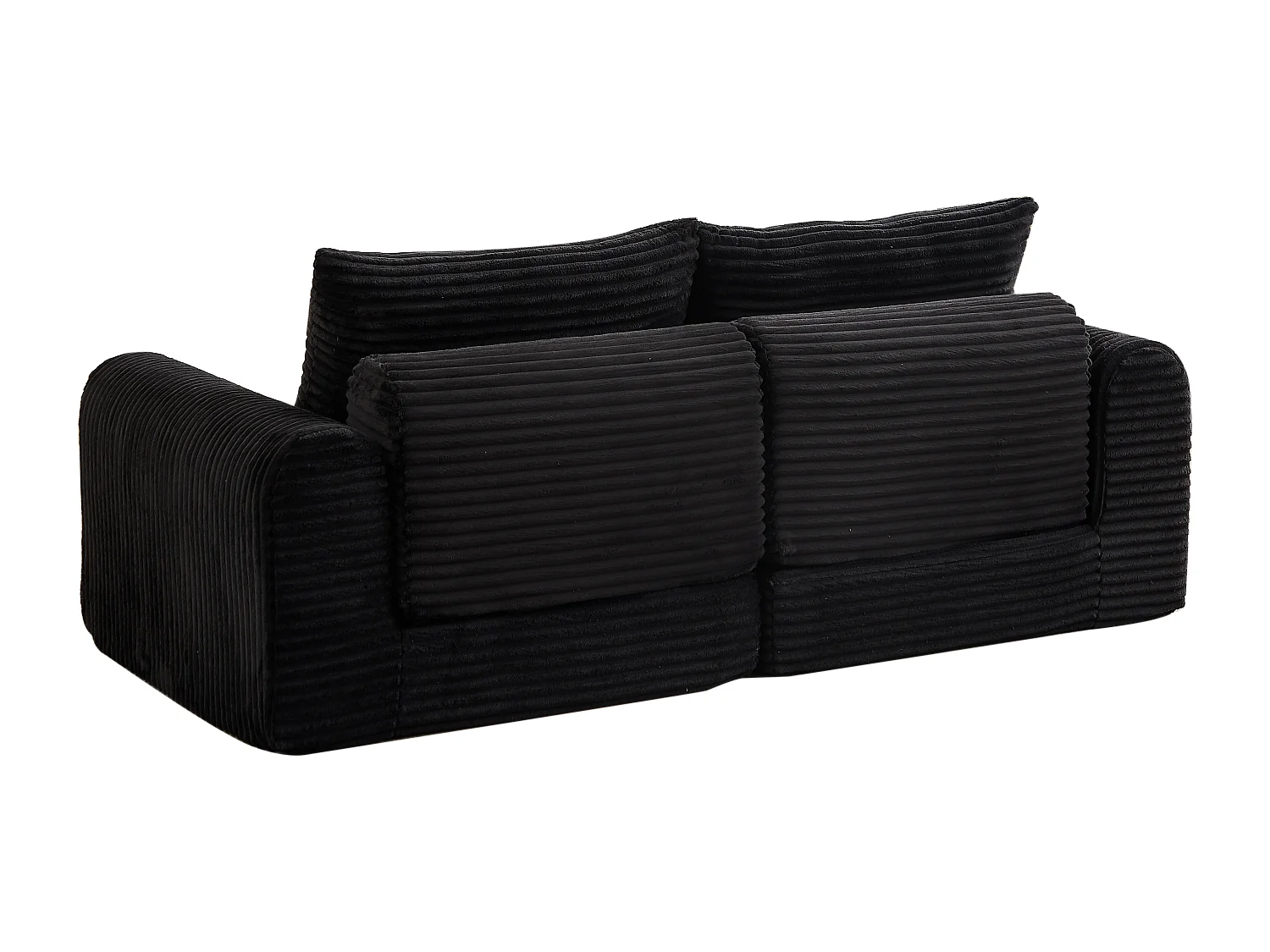 Canapé convertible 2 places en velours côtelé avec poufs - Accoudoirs incurvés - Noir