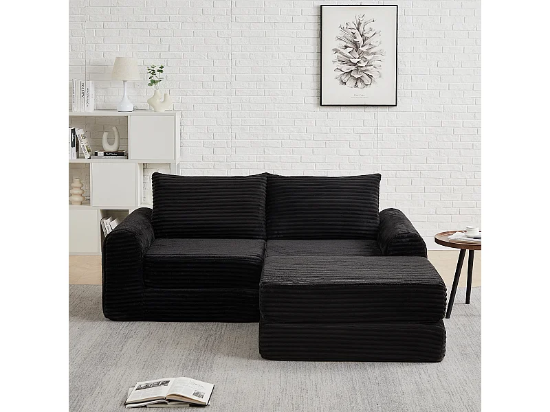Sofá convertível de dois lugares em bombazine com pufes - Apoios de braços curvos - Preto