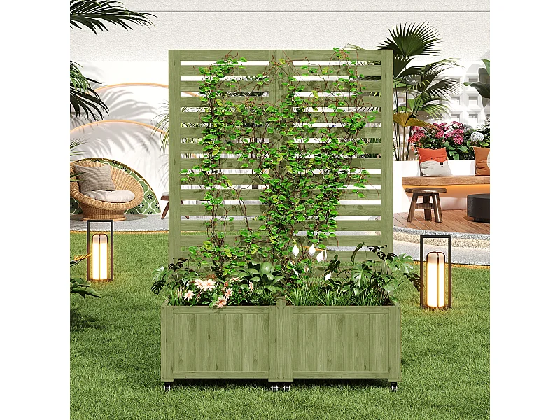 Vrijstaande plantenbak met klimrek - Met opvouwbaar ontwerp en wielen - Groen hout