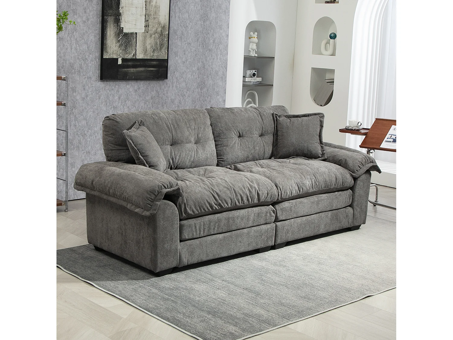 Canapé 2 places avec coussins double couche - Tissu chenille gris