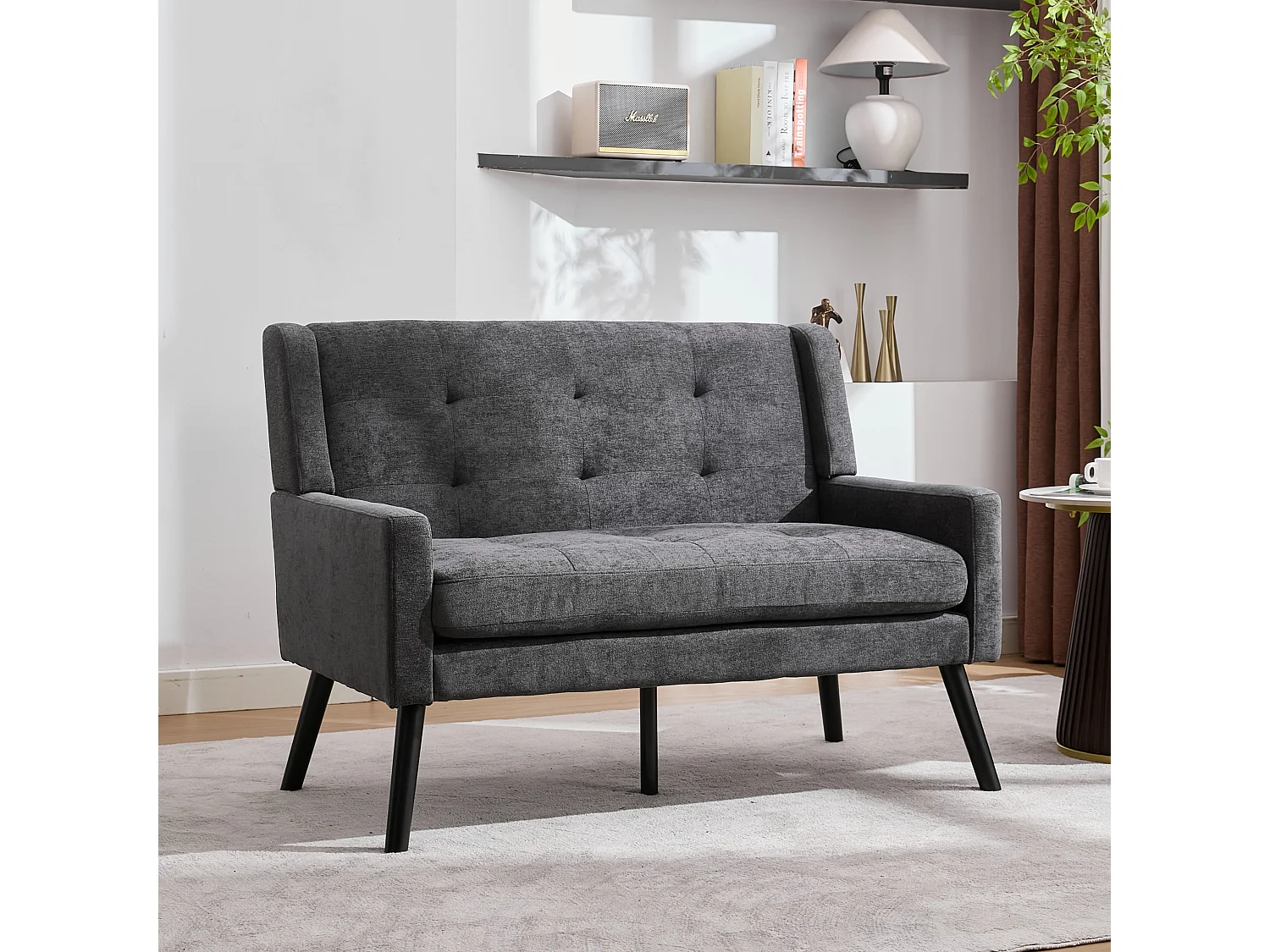 Canapé 2 places en lin gris foncé - Pieds en bois antidérapants - Pour salon, chambre et bureau