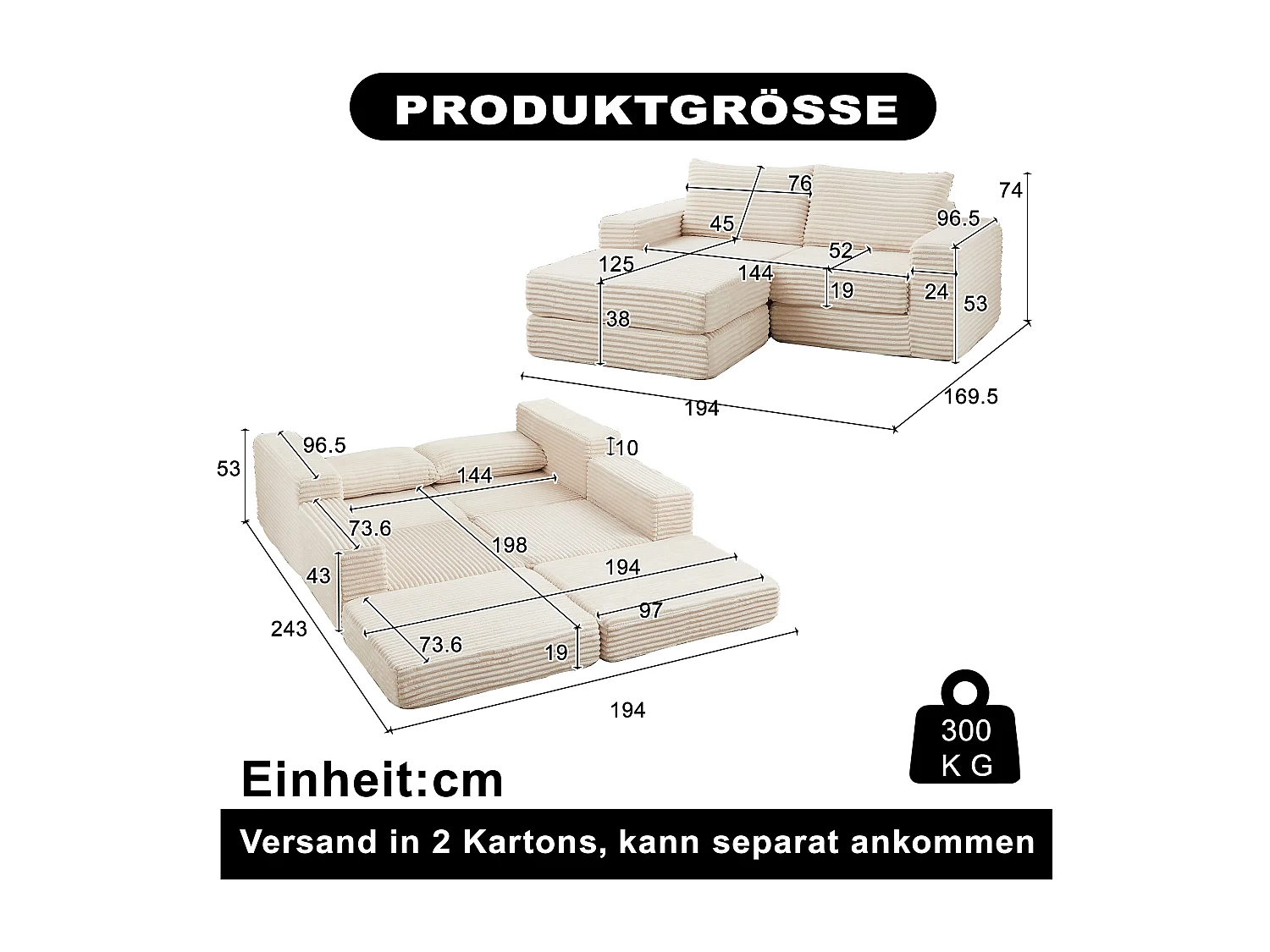 Canapé convertible 2 places modulable avec poufs amovible - Velours côtelé beige