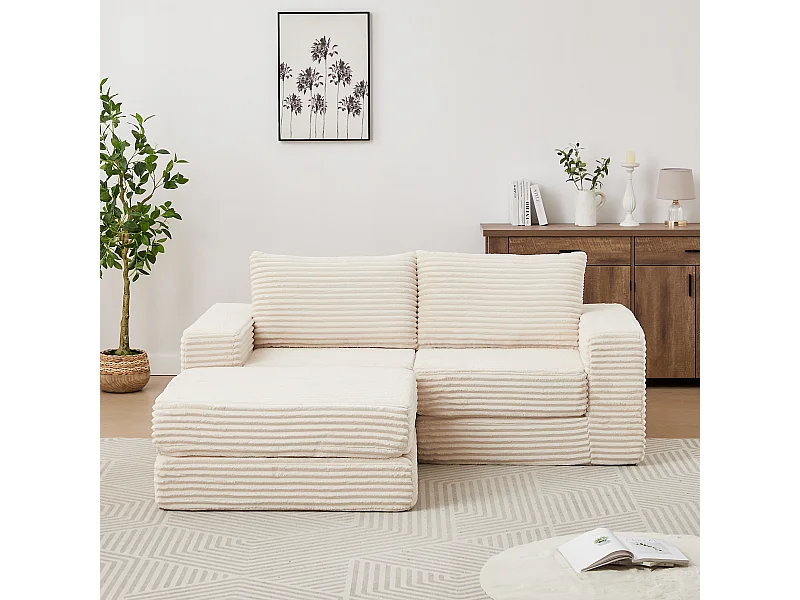 Canapé convertible 2 places modulable avec poufs amovible - Velours côtelé beige