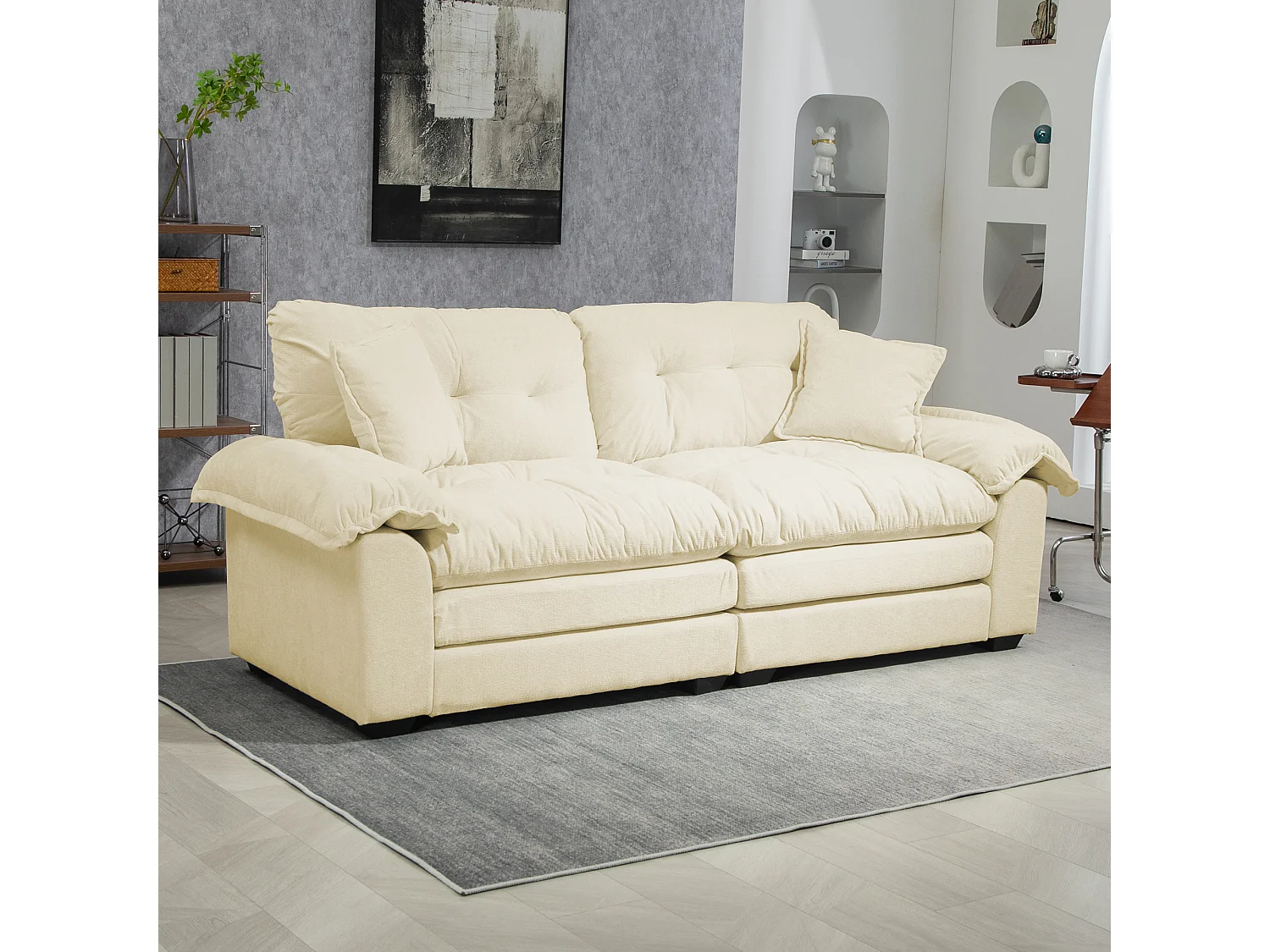 Canapé 2 places avec coussins double couche - Tissu chenille beige