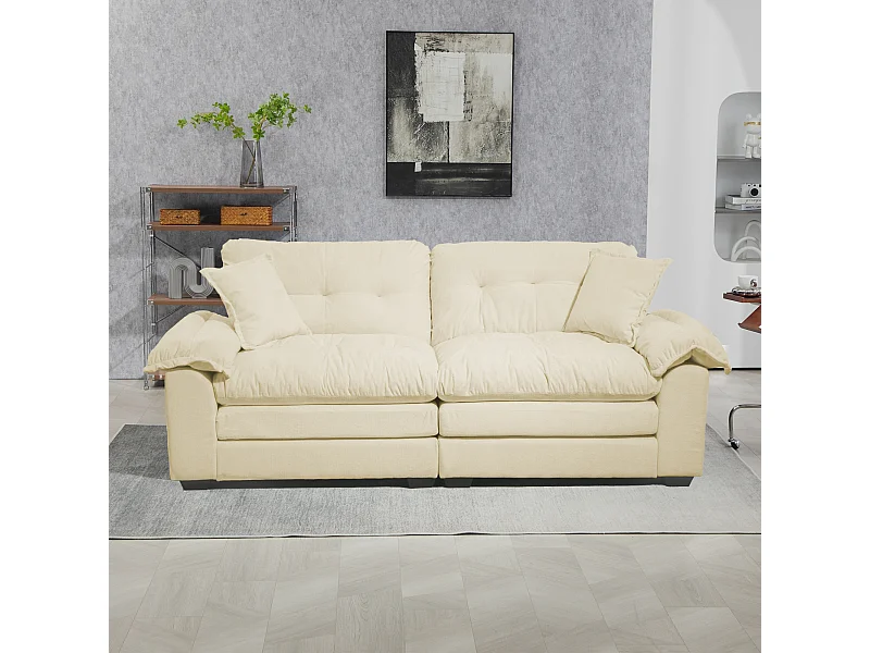 Canapé 2 places avec coussins double couche - Tissu chenille beige