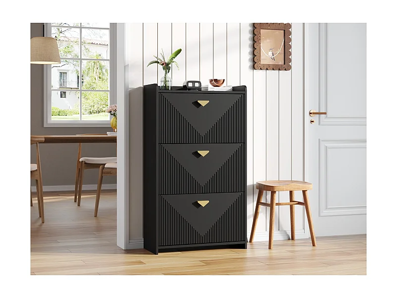 Meuble à chaussures noir avec 3 portes abattantes et 6 compartiments