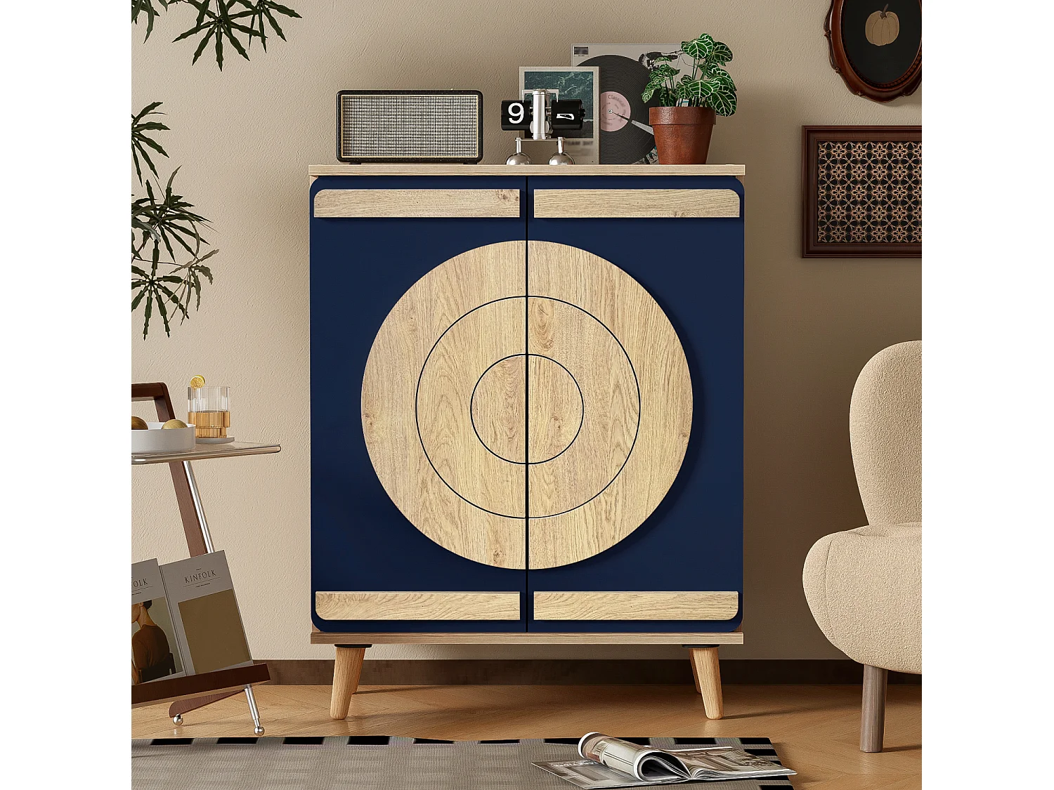 Meuble à chaussures avec 2 portes rondes et géométrique - Bleu et naturel clair