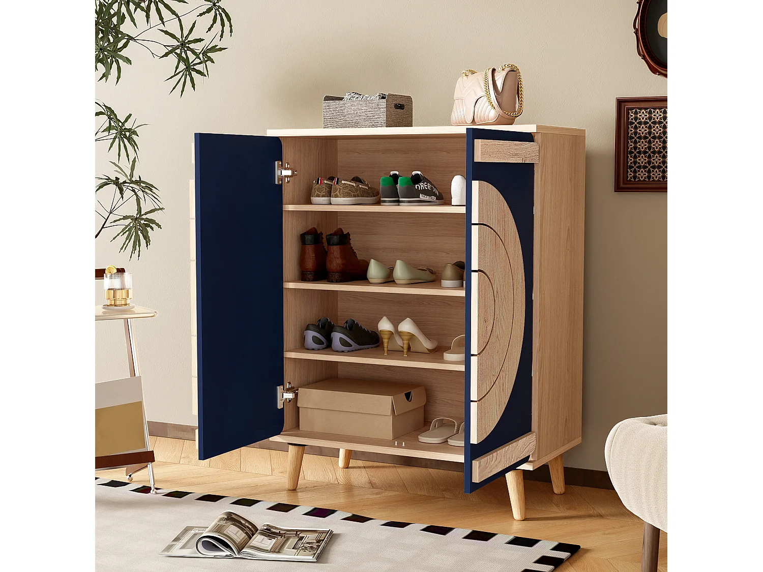 Meuble à chaussures avec 2 portes rondes et géométrique - Bleu et naturel clair