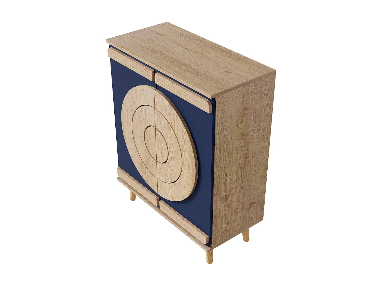 Meuble à chaussures avec 2 portes rondes et géométrique - Bleu et naturel clair