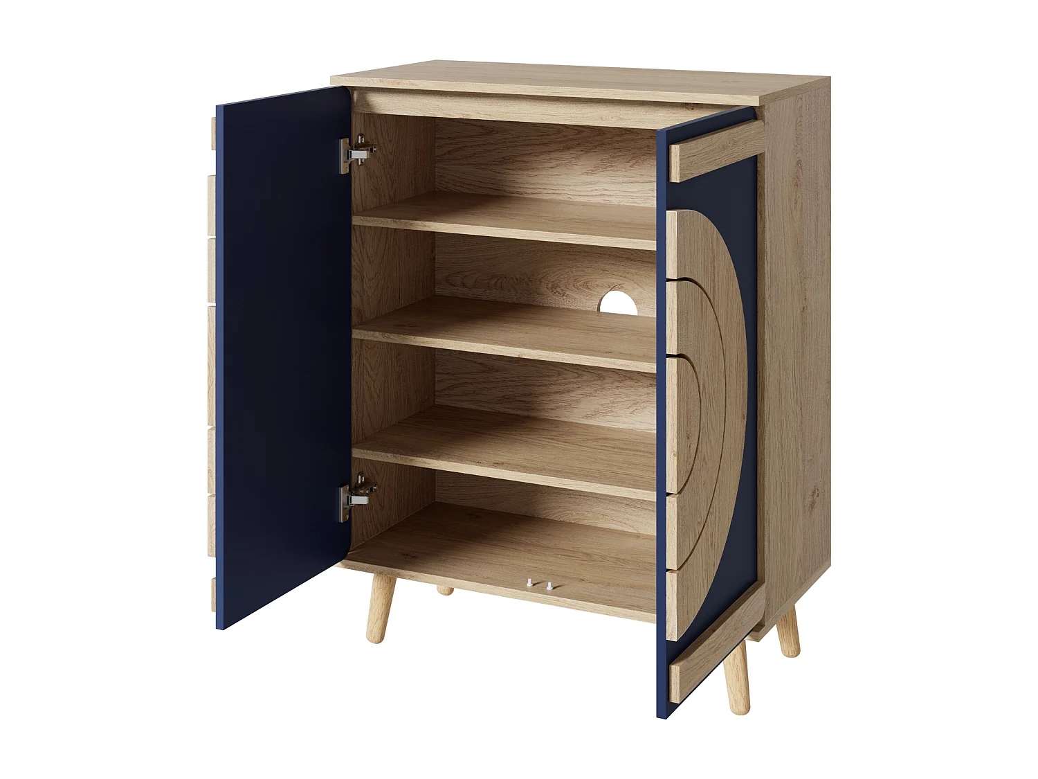 Meuble à chaussures avec 2 portes rondes et géométrique - Bleu et naturel clair