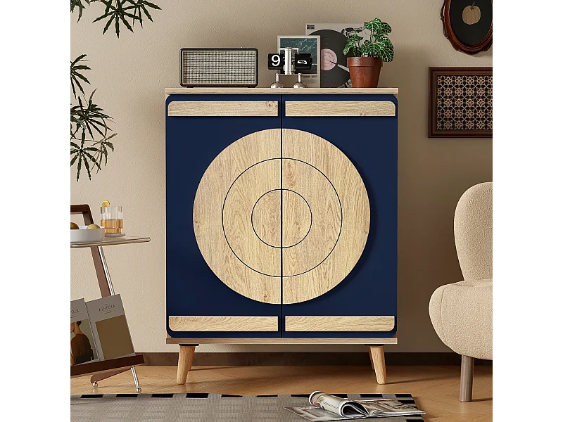 Meuble à chaussures avec 2 portes rondes et géométrique - Bleu et naturel clair