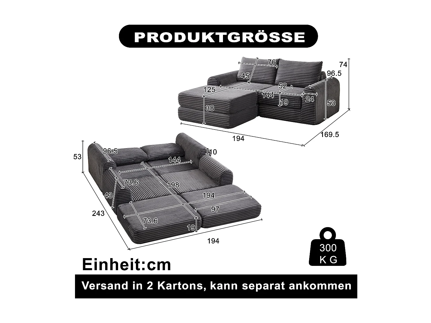 Canapé convertible 2 places en velours côtelé avec poufs - Accoudoirs incurvés - Gris