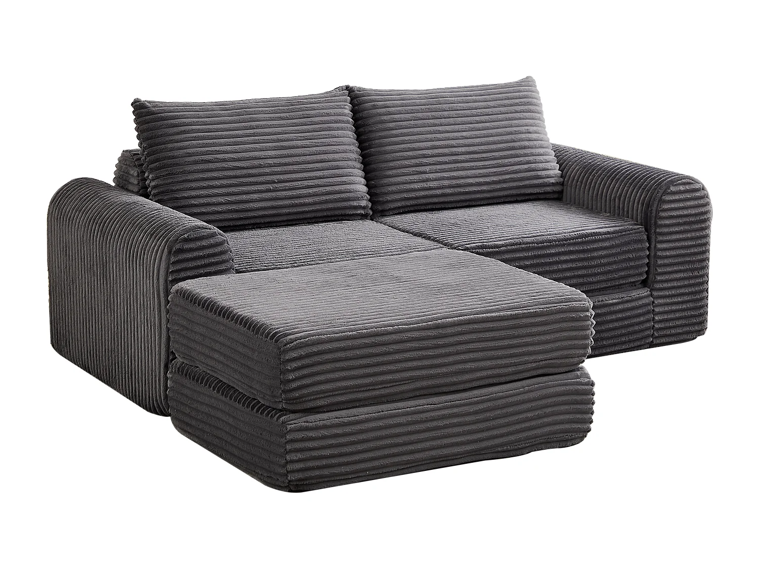 Canapé convertible 2 places en velours côtelé avec poufs - Accoudoirs incurvés - Gris