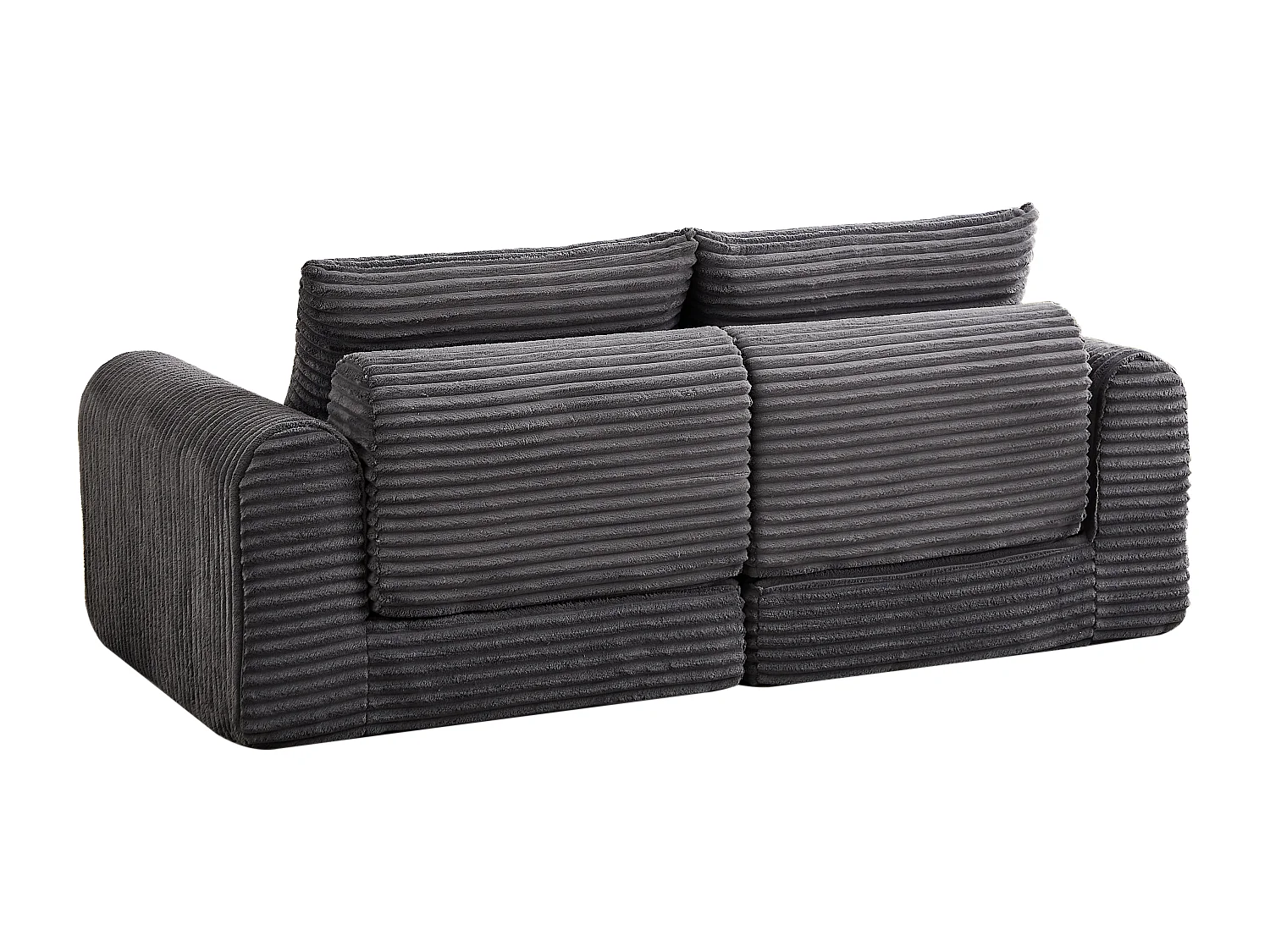 Canapé convertible 2 places en velours côtelé avec poufs - Accoudoirs incurvés - Gris