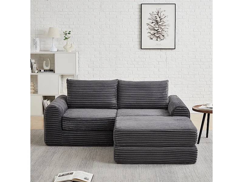 Canapé convertible 2 places en velours côtelé avec poufs - Accoudoirs incurvés - Gris