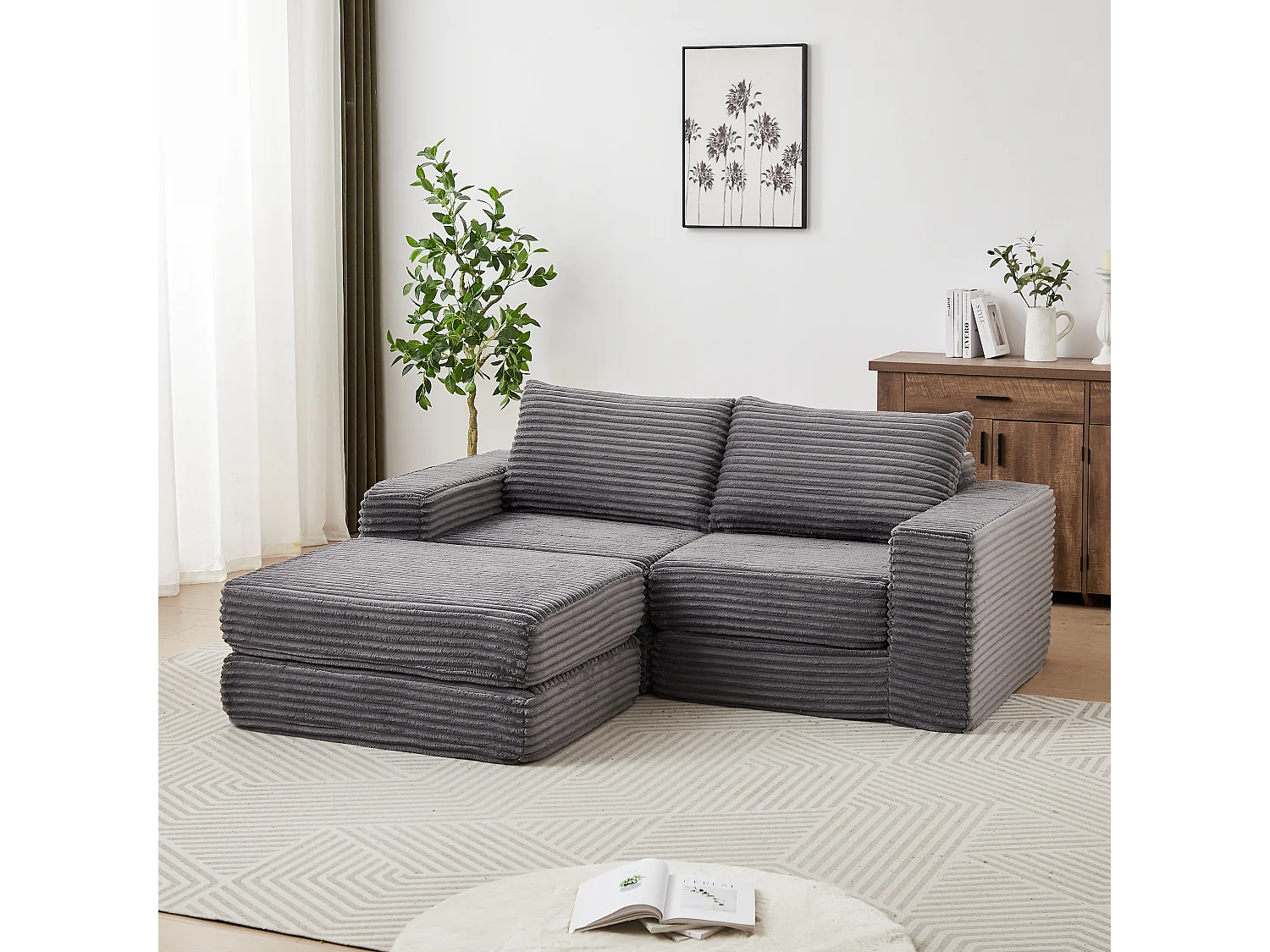 Canapé convertible 2 places modulable avec poufs amovible - Velours côtelé gris