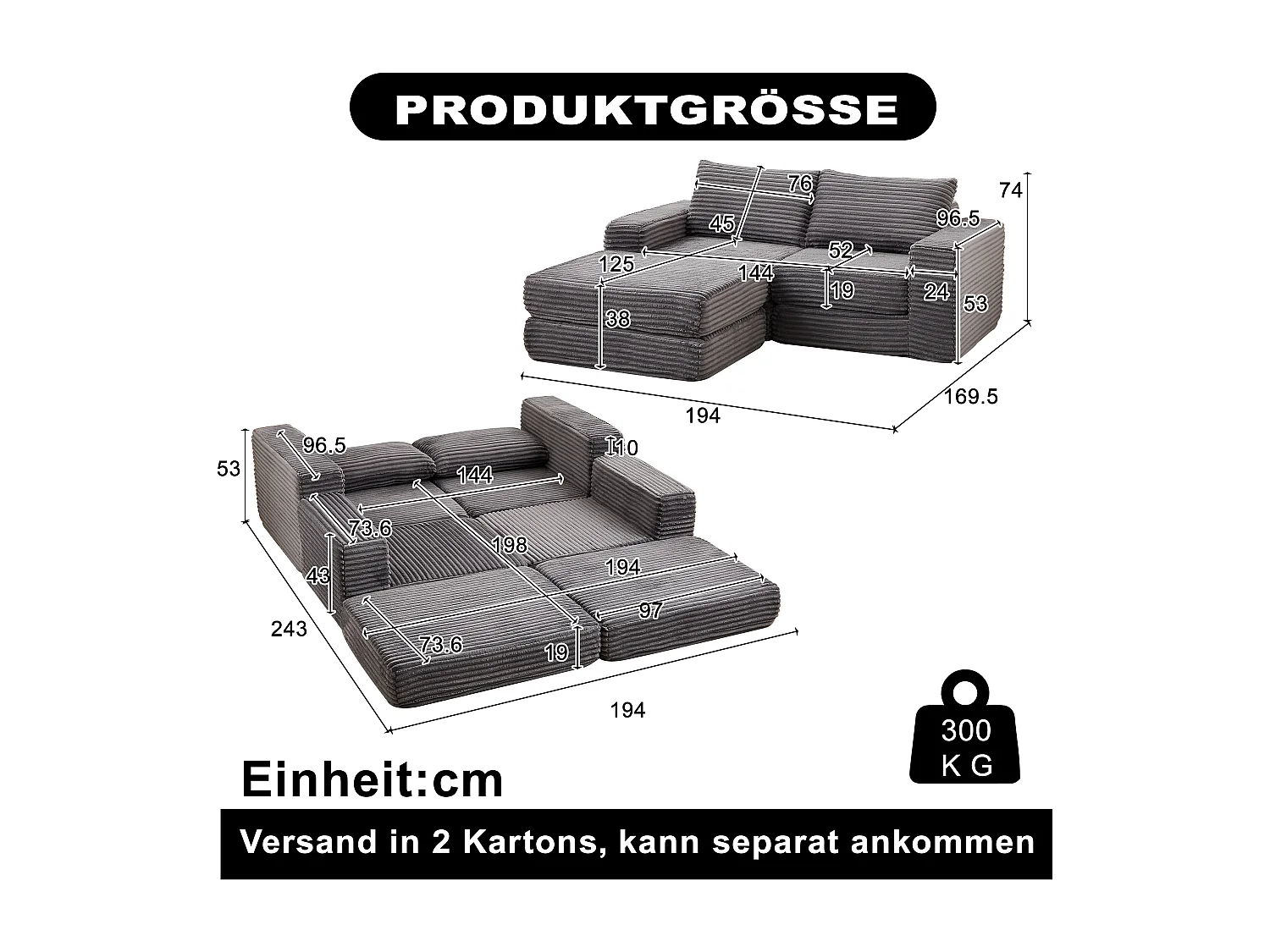 Canapé convertible 2 places modulable avec poufs amovible - Velours côtelé gris