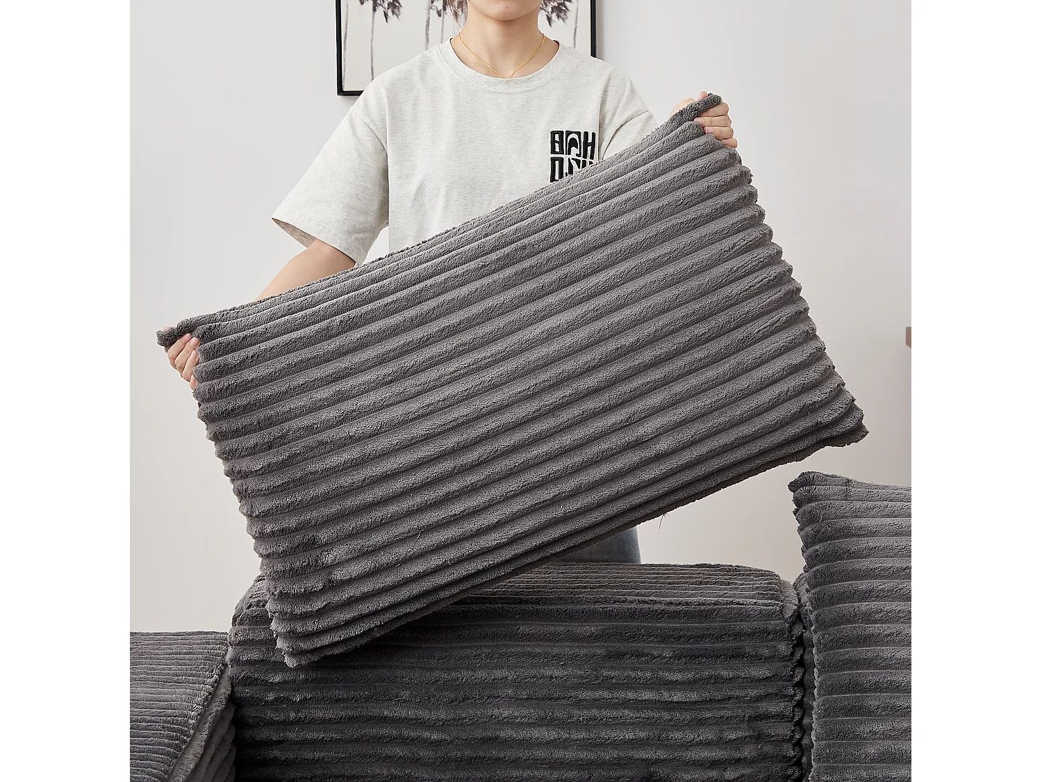 Canapé convertible 2 places modulable avec poufs amovible - Velours côtelé gris