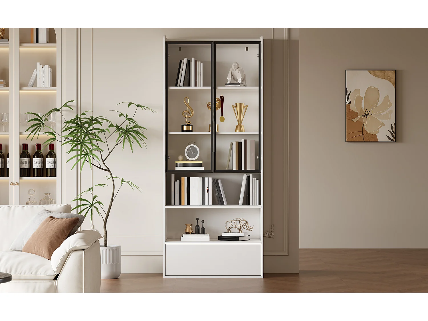 Vitrine haute 80x34x180 cm blanc avec tiroir, portes en verre et LED