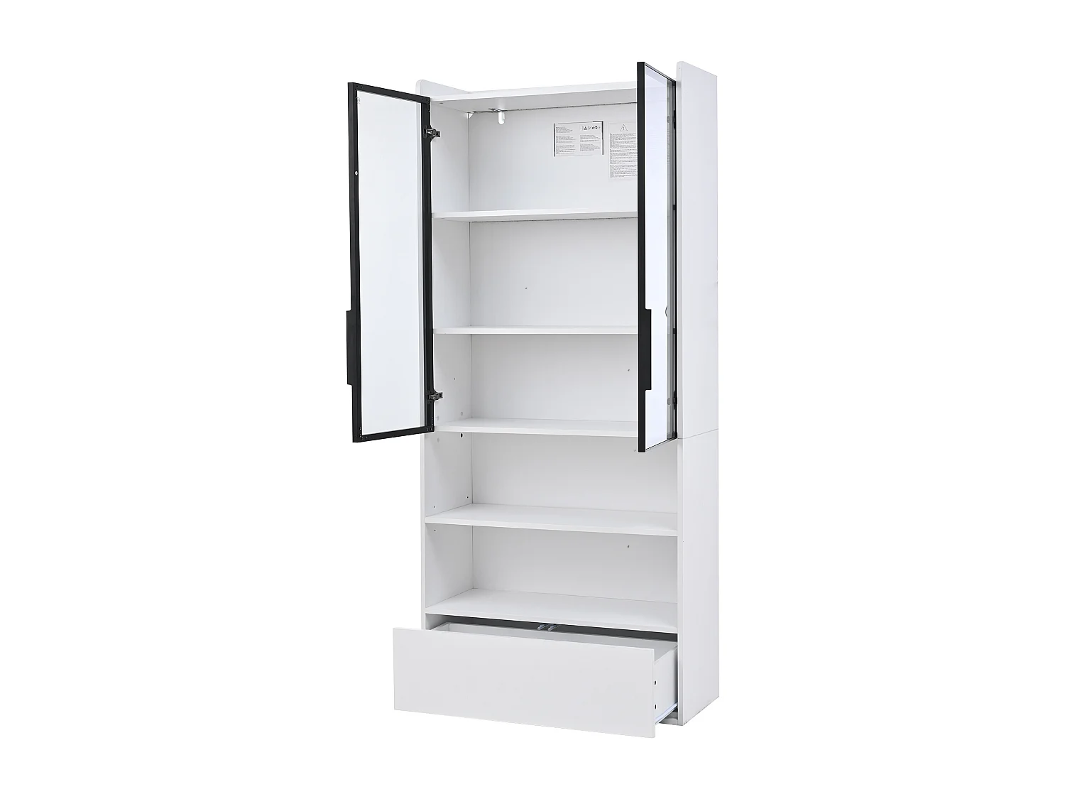Vitrine haute 80x34x180 cm blanc avec tiroir, portes en verre et LED