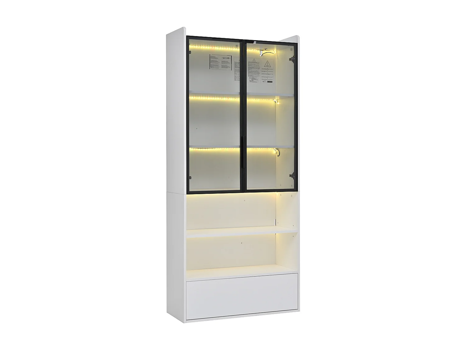 Vitrine haute 80x34x180 cm blanc avec tiroir, portes en verre et LED