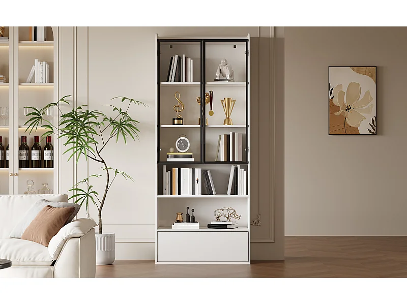 Vitrine haute 80x34x180 cm blanc avec tiroir, portes en verre et LED