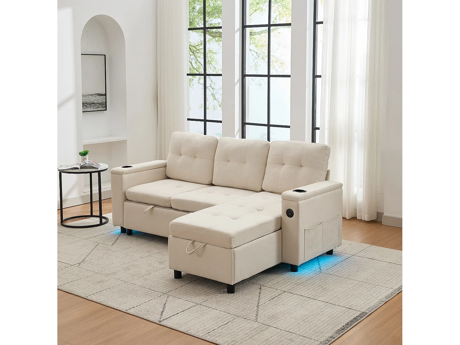 Canapé d'angle convertible 3 places avec LED, rangement, ports USB - Tissu beige