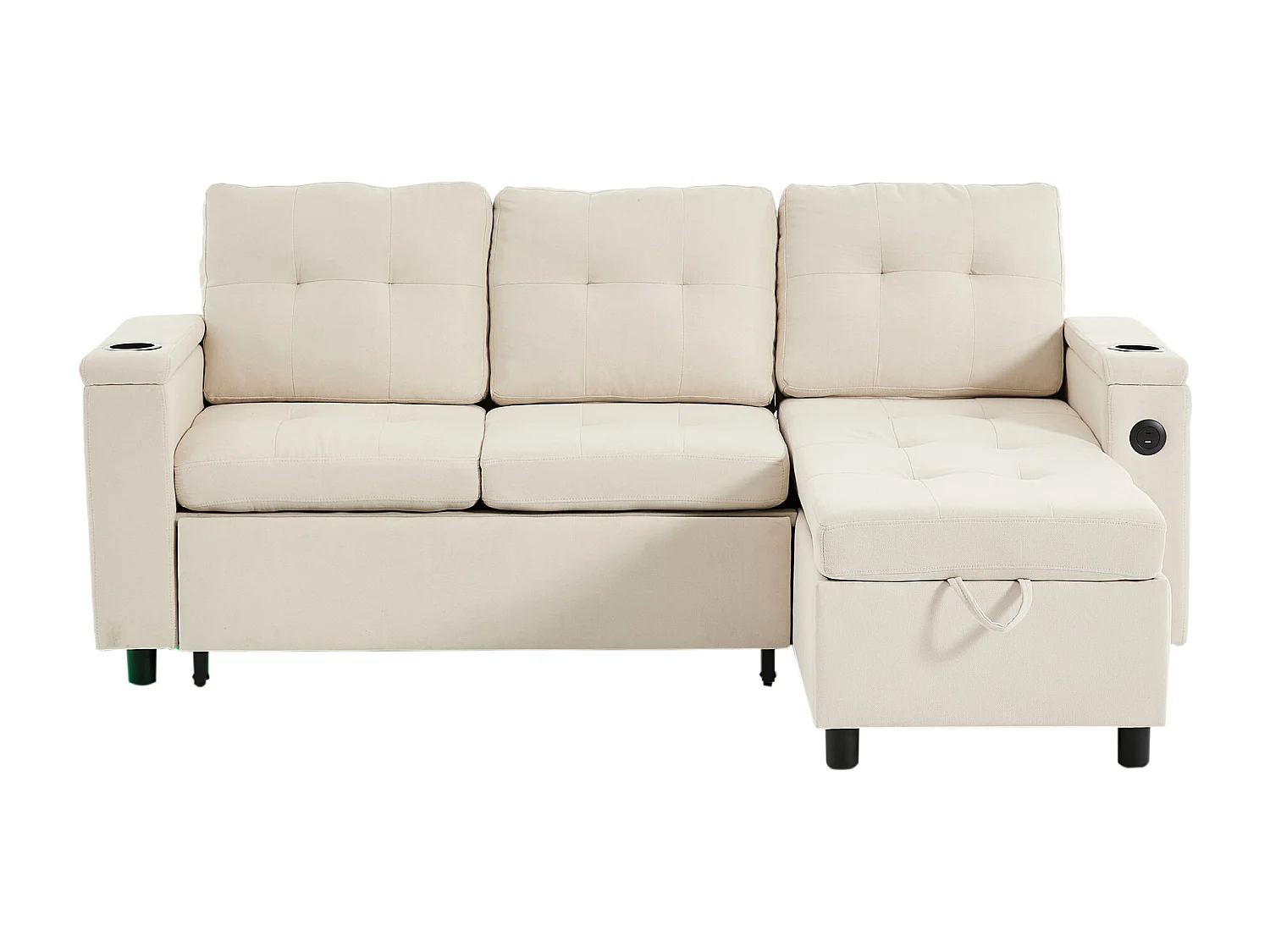 Canapé d'angle convertible 3 places avec LED, rangement, ports USB - Tissu beige