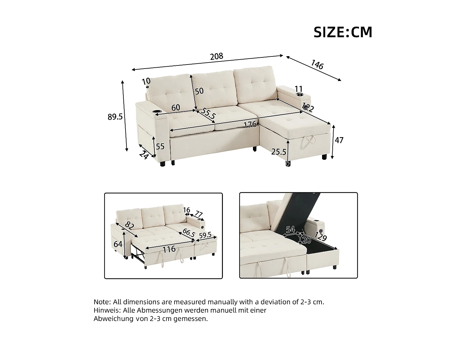 Canapé d'angle convertible 3 places avec LED, rangement, ports USB - Tissu beige