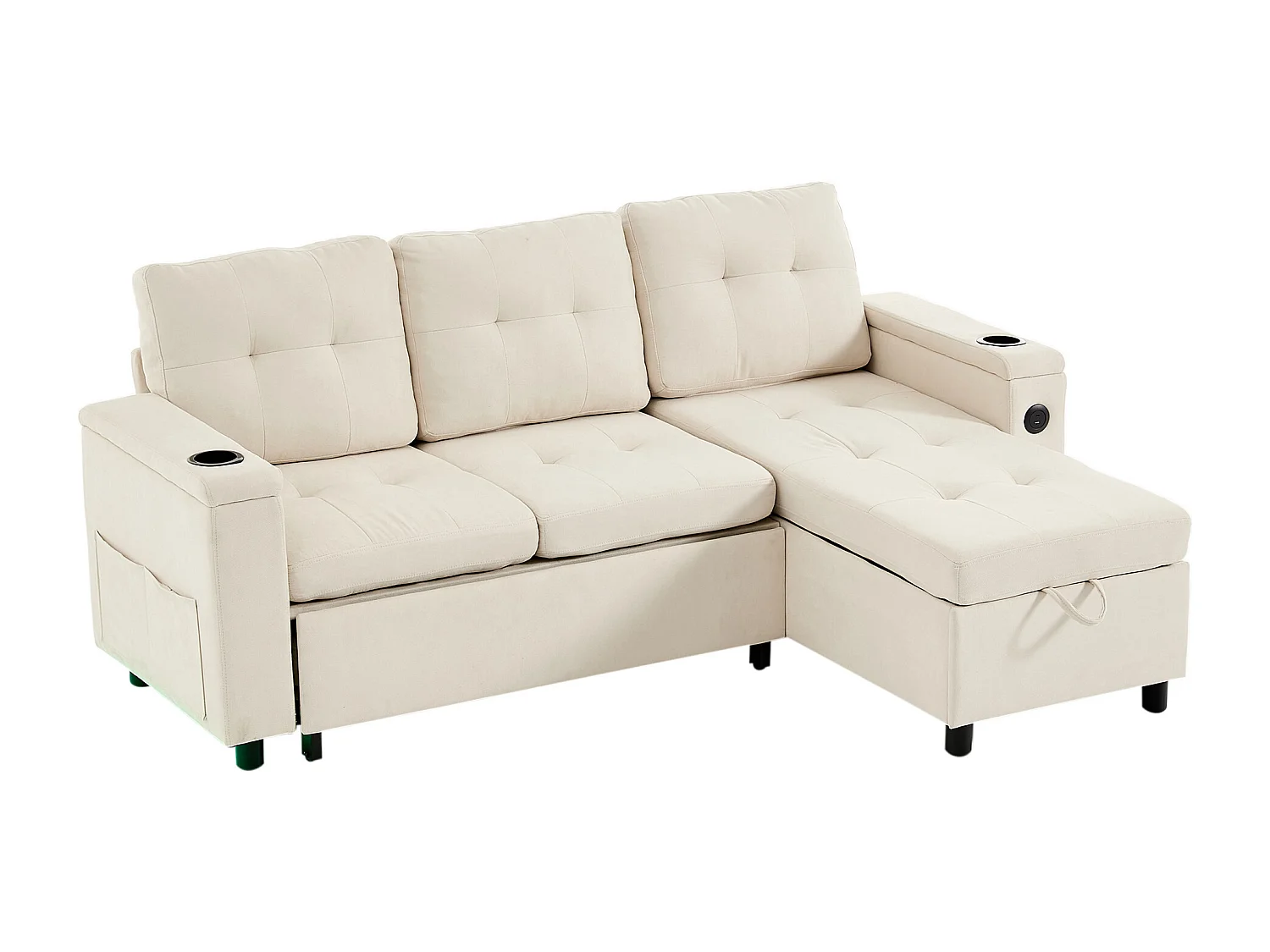 Canapé d'angle convertible 3 places avec LED, rangement, ports USB - Tissu beige