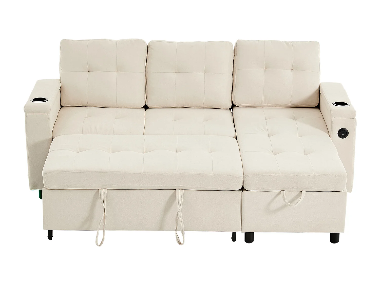 Canapé d'angle convertible 3 places avec LED, rangement, ports USB - Tissu beige