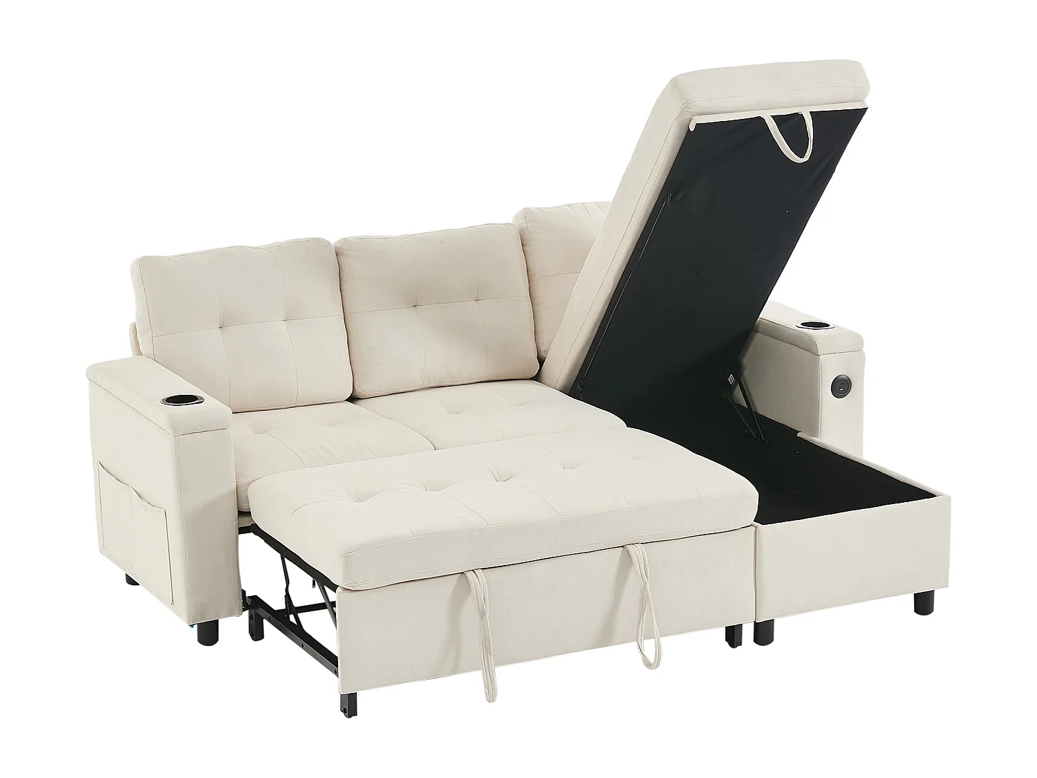 Canapé d'angle convertible 3 places avec LED, rangement, ports USB - Tissu beige