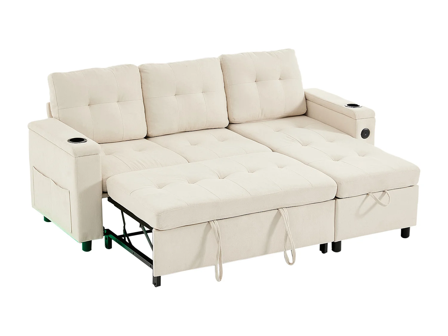 Canapé d'angle convertible 3 places avec LED, rangement, ports USB - Tissu beige