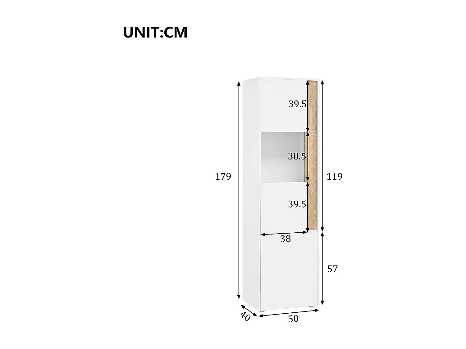 Vitrina con iluminación LED y 2 puertas - Para salón, despacho y cocina - Blanco y natural 50 x 40 x 179 cm