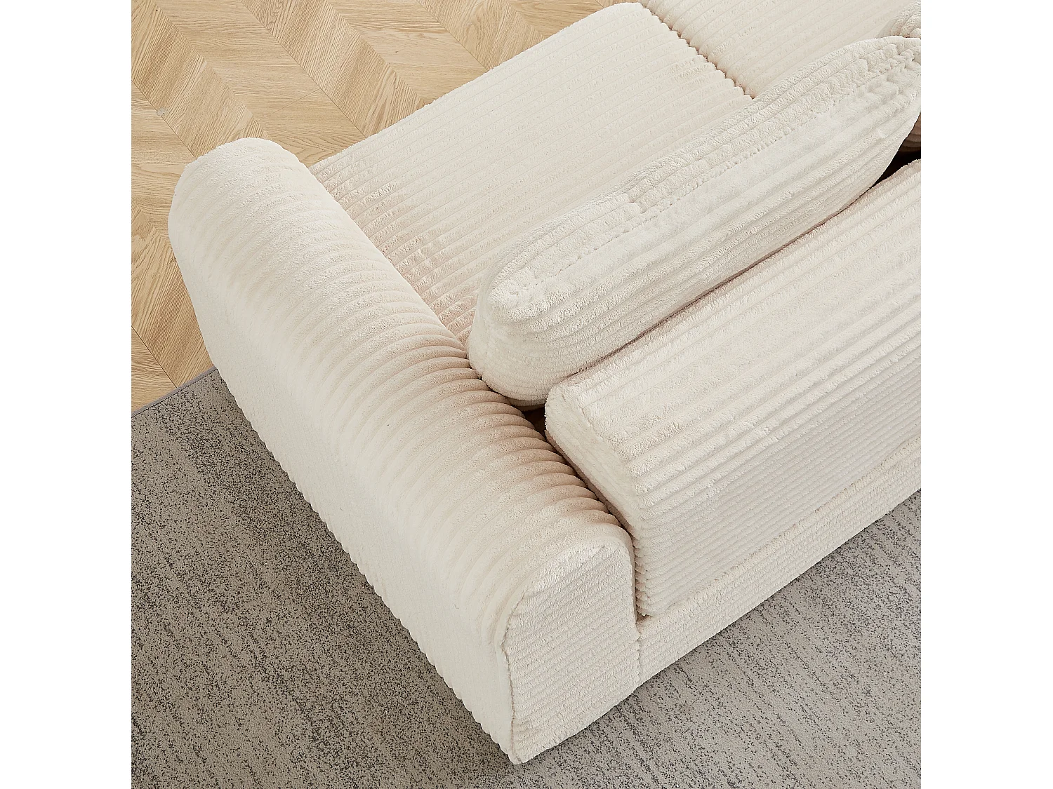 Canapé convertible 2 places en velours côtelé avec poufs - Accoudoirs incurvés - Beige