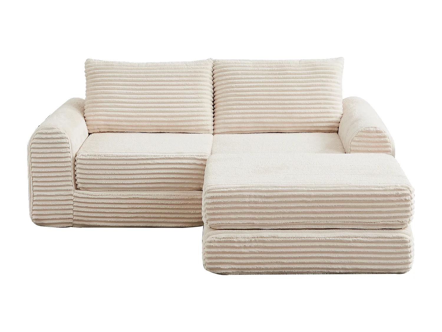 Canapé convertible 2 places en velours côtelé avec poufs - Accoudoirs incurvés - Beige