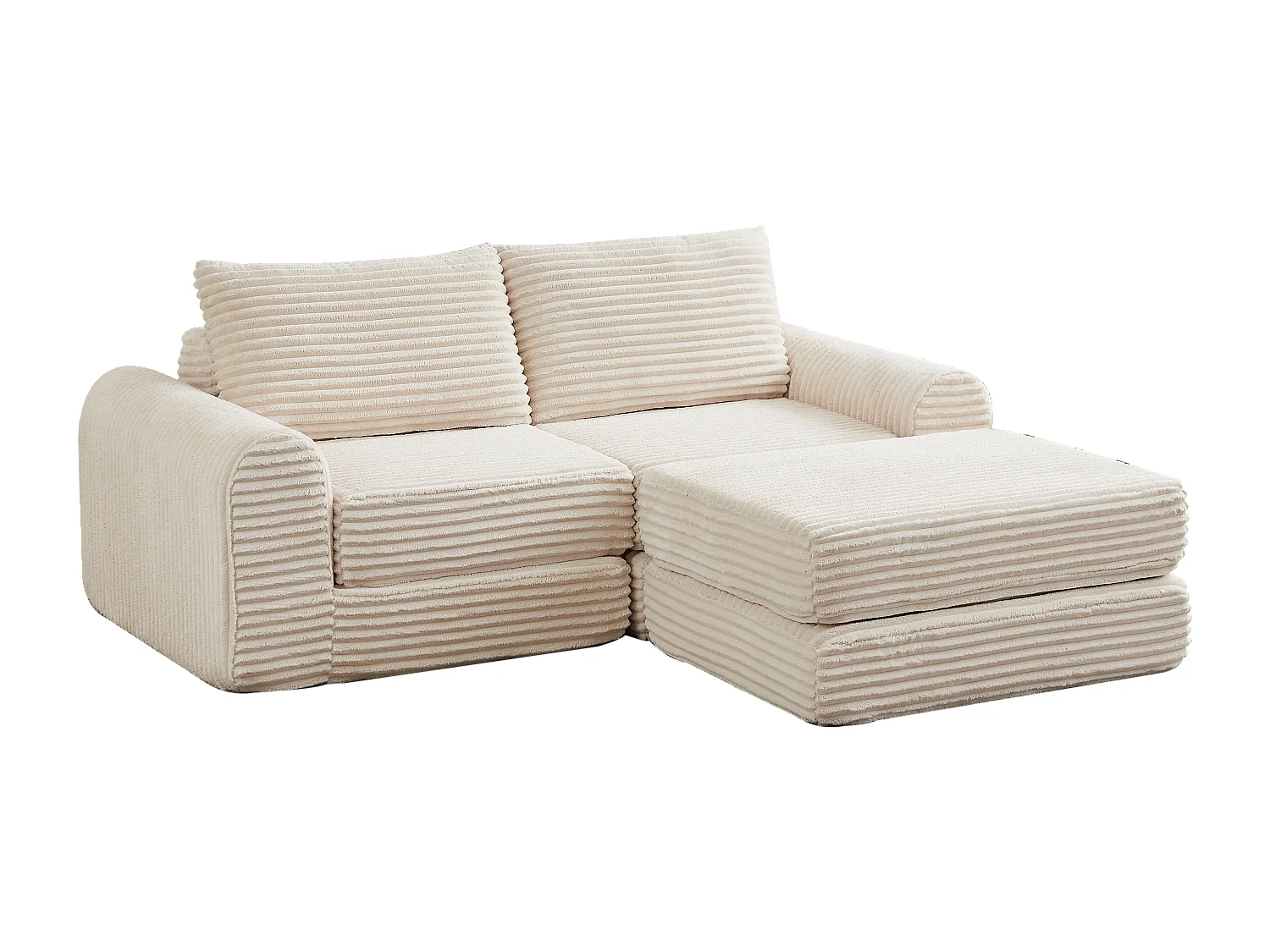 Canapé convertible 2 places en velours côtelé avec poufs - Accoudoirs incurvés - Beige