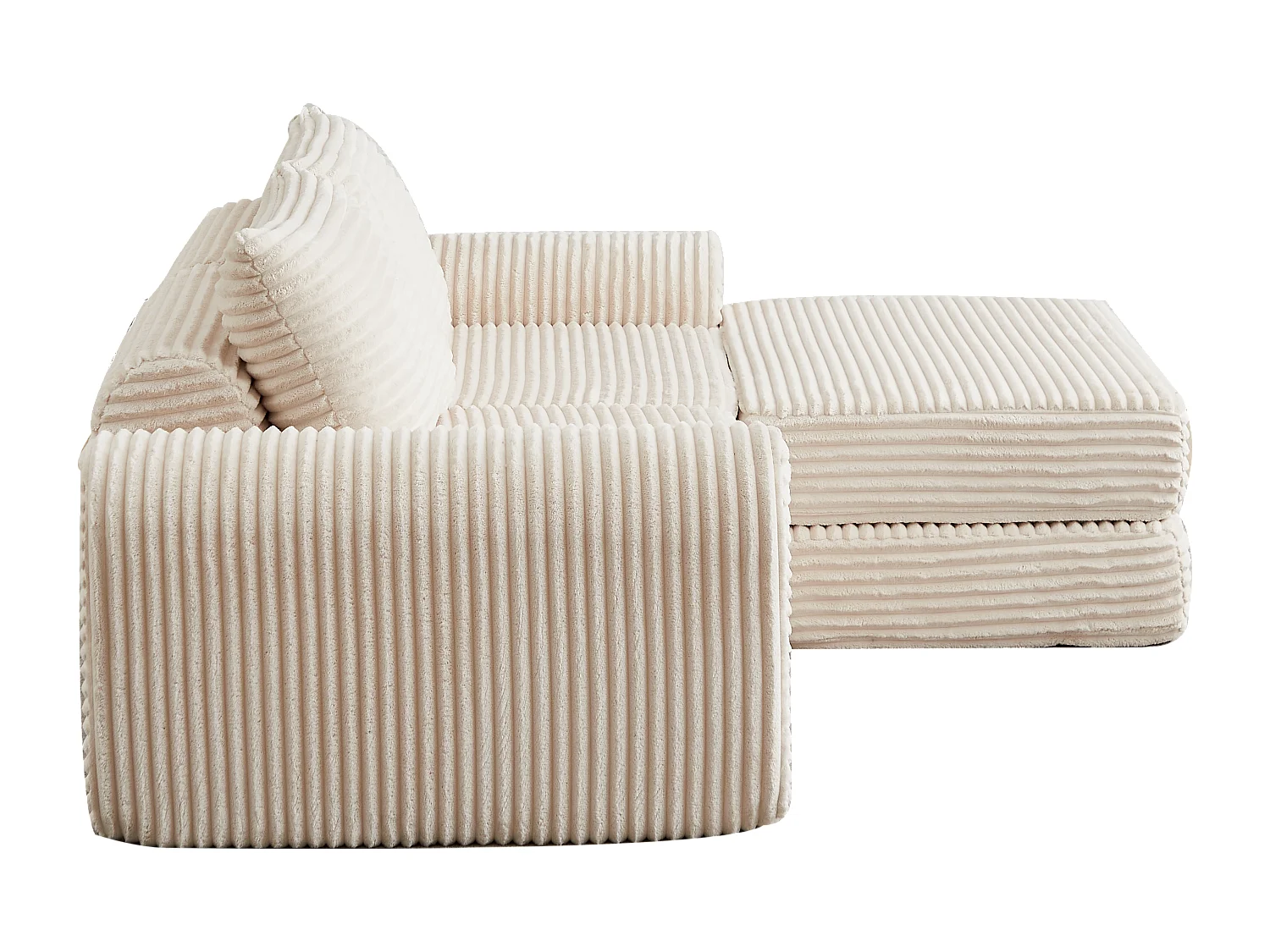 Canapé convertible 2 places en velours côtelé avec poufs - Accoudoirs incurvés - Beige