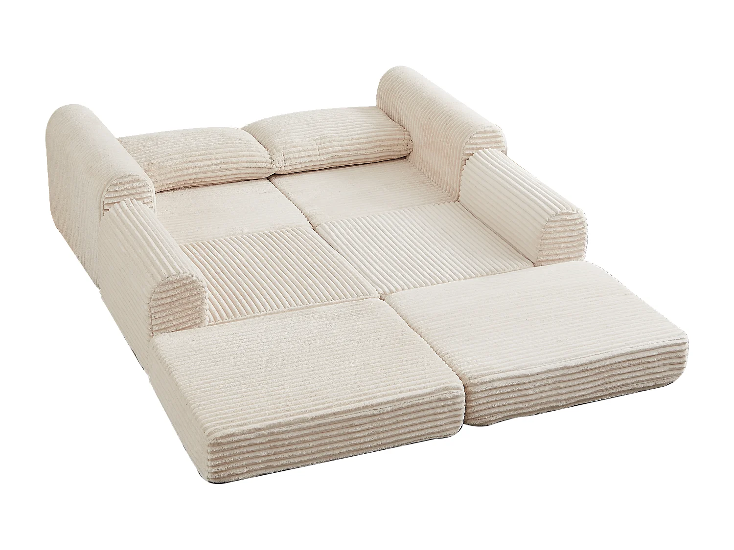 Canapé convertible 2 places en velours côtelé avec poufs - Accoudoirs incurvés - Beige